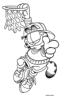 the garfield basketball player is going to dunk the ball in his basket coloring page
