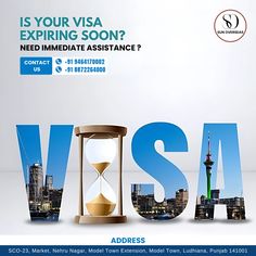 an advertisement with the words visa in front of a cityscape and hourglass