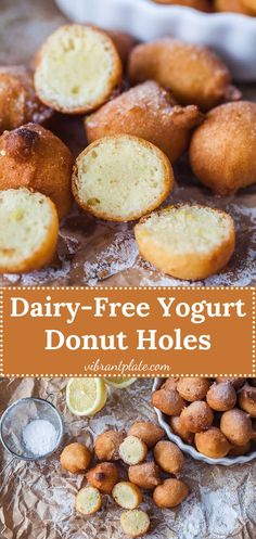 dairy - free yogurt donut holes with lemons and sugar on the side