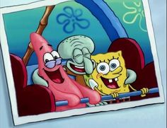 spongebob and patrick in the car with an octopus looking on from behind them