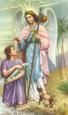 an angel holding a fish next to a child