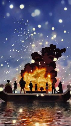 some people are standing on a boat in the water with fire coming out of it