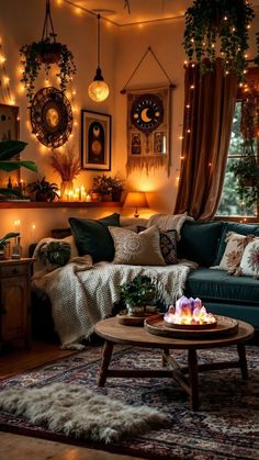 a living room filled with furniture and christmas lights