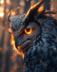 an owl with glowing yellow eyes stares into the distance in front of blurry trees