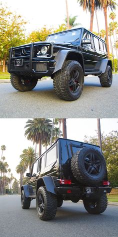 the black jeep is parked on the side of the road with palm trees in the background