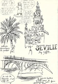 a drawing of some buildings and trees with writing on the wall next to each other