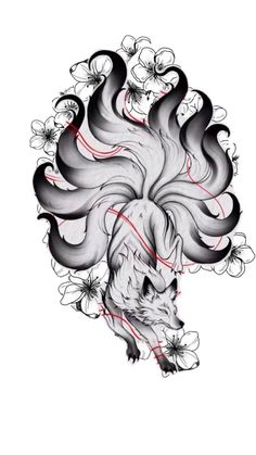 an ink drawing of a wolf with flowers on it's head and the tail