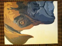 a painting of a dog's face on a white and brown checkered background