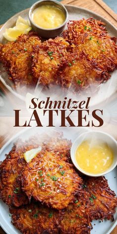 two plates filled with fried latkes next to dipping sauces on the side