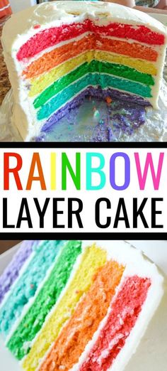 a rainbow layer cake on a plate with the title overlay that reads, rainbow layer cake