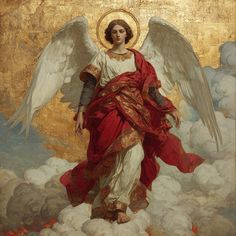 an angel standing in the clouds with his arms outstretched