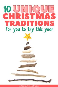 a christmas tree made out of rocks with the words unique christmas traditions for you to try this year