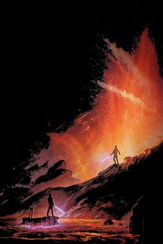 two people standing on top of a mountain under an orange and black sky with lightning