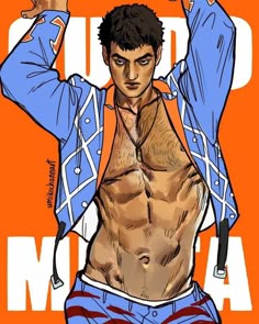 an image of a man with no shirt on holding his hands up in the air