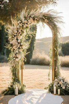 an outdoor wedding ceremony with white flowers and greenery on the arch, surrounded by candles