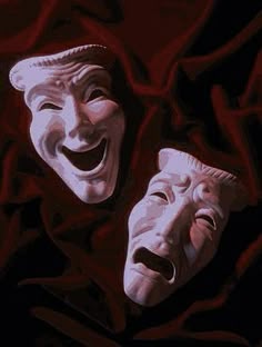 two white masks with mouths open on a red cloth covered ground, one is smiling and the other has his mouth wide open