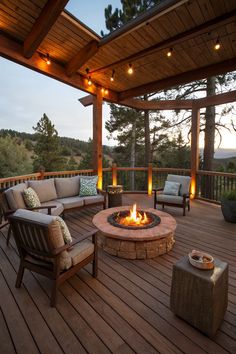 a fire pit sitting on top of a wooden deck