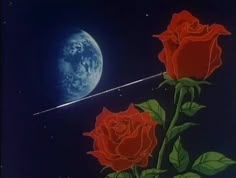 two red roses are in the foreground and a blue moon is in the background