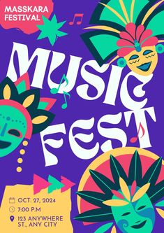 a poster for the maskrara festival with masks and music on it's purple background