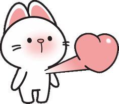 a white cat holding a pink heart in it's right hand with the word love written on it