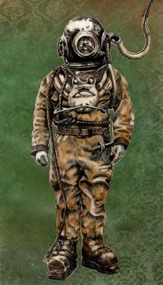 a drawing of a man in a diving suit with an umbrella