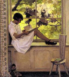 a painting of a woman sitting on a window sill reading a book