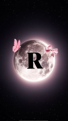 the letter r is surrounded by butterflies in front of a full moon with pink butterflies on it