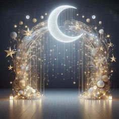 an arch decorated with stars and moon in the night sky, lit up by lights