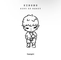 a black and white drawing of a boy with the words, hyrono city of merry