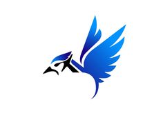 a blue bird flying with its wings spread out to the side, on a white background