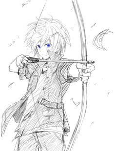 a drawing of an anime character holding a bow and arrow in one hand while looking at the camera
