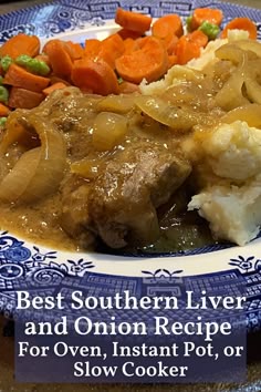 a blue and white plate topped with meat and veggies on top of it