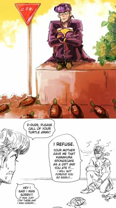 a comic strip with an image of a man sitting on top of a turtle