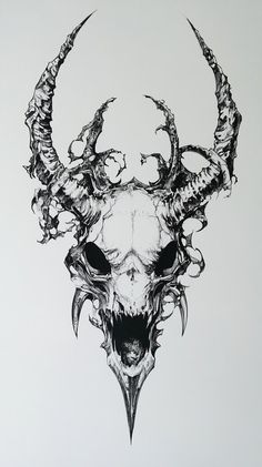 a black and white drawing of a skull with horns on it's back side