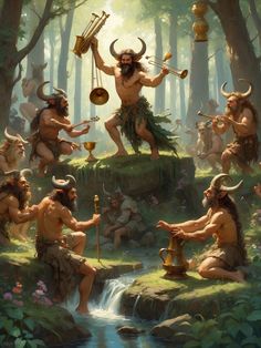 a painting of some people in the woods playing musical instruments and drinking water from a stream