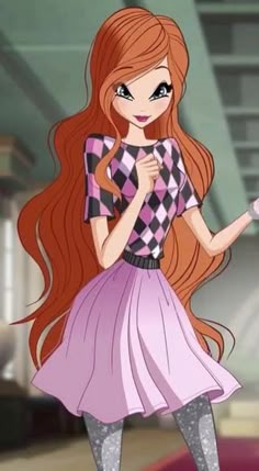 a cartoon girl with long red hair holding a cell phone
