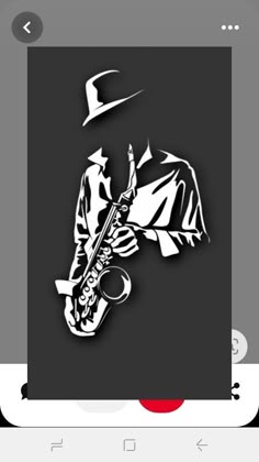 a black and white silhouette of a man playing the saxophone with a hat on his head