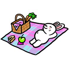 a cartoon bunny laying on a towel with food