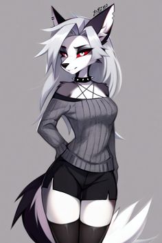 an anime character with white hair and red eyes, wearing black stockings and high heels
