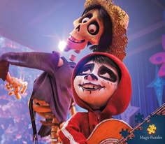 a cartoon character holding a guitar in front of another character with an animal mask on