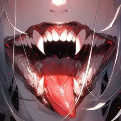 an anime woman with her mouth open and fangs out