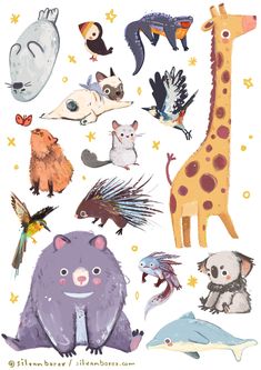an illustration of various animals and birds on a white background