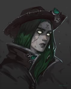 a drawing of a woman with green hair wearing a black coat and hat, looking at the camera