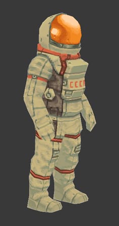 an astronaut in space suit with orange helmet and goggles, standing on one leg