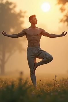 a man is doing yoga outside in the grass at sundown with his arms outstretched