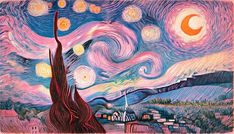 an artistic painting with stars and the moon in the sky over a city at night