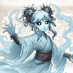 a woman with white hair and blue eyes holding her hands out in front of her