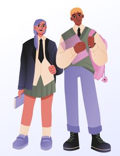 two people standing next to each other in front of a white background and one is holding a folder