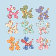 several different colored balloons with bows and flowers in them on a light blue background photo
