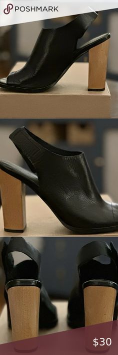 Audrey Brooke Black Leather Slingback Sandal Wood Heel Peep Toe Women's 9.0